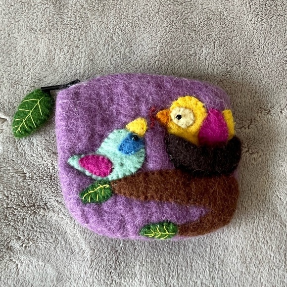Hand Crafted Handbags - Felted Wool Coin Purse Birds Nest On a Branch Zipper Closure With Leaf Pull